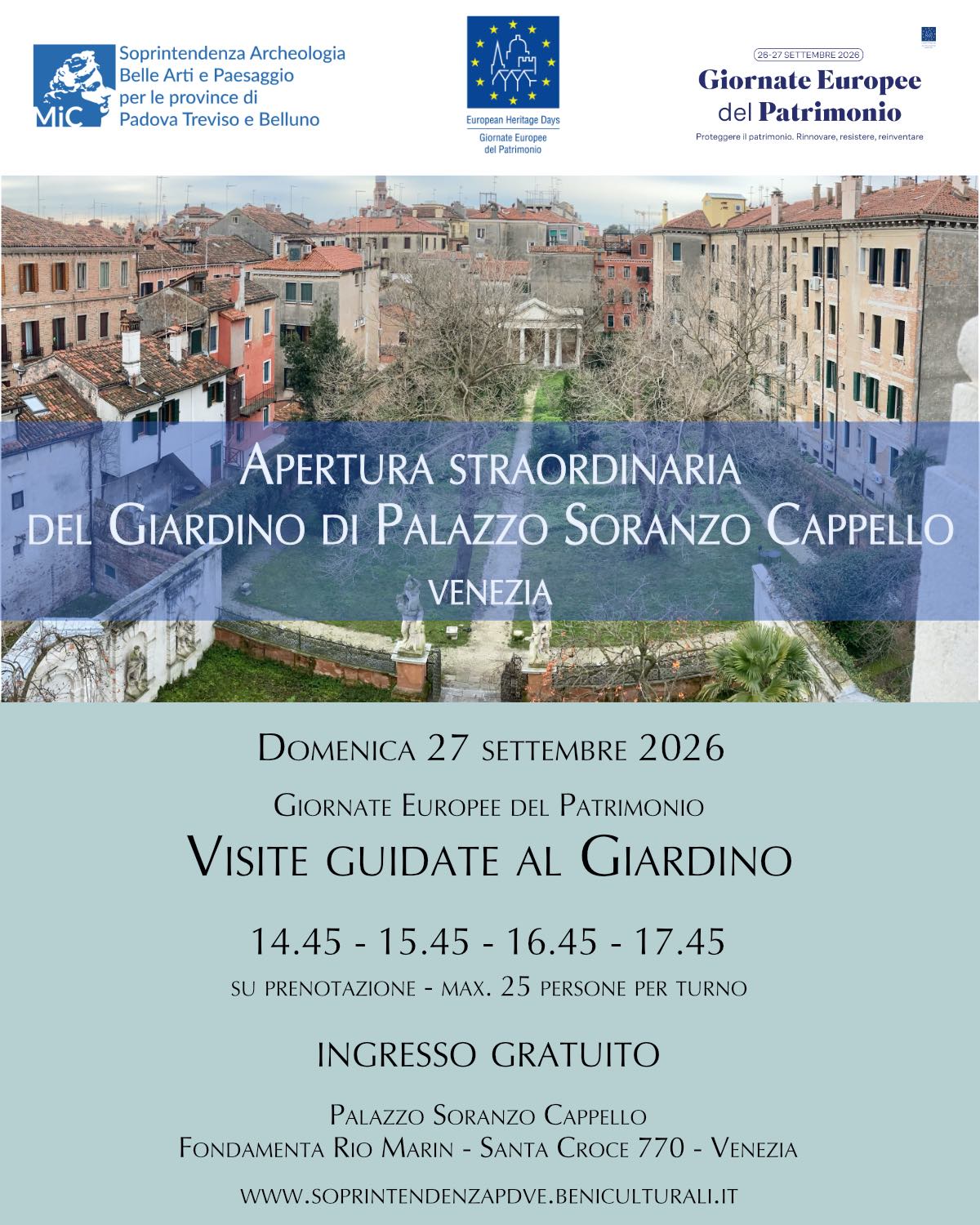 Apertura straordinaria di Palazzo Soranzo Cappello a Venezia e visite guidate al suo giardino storico